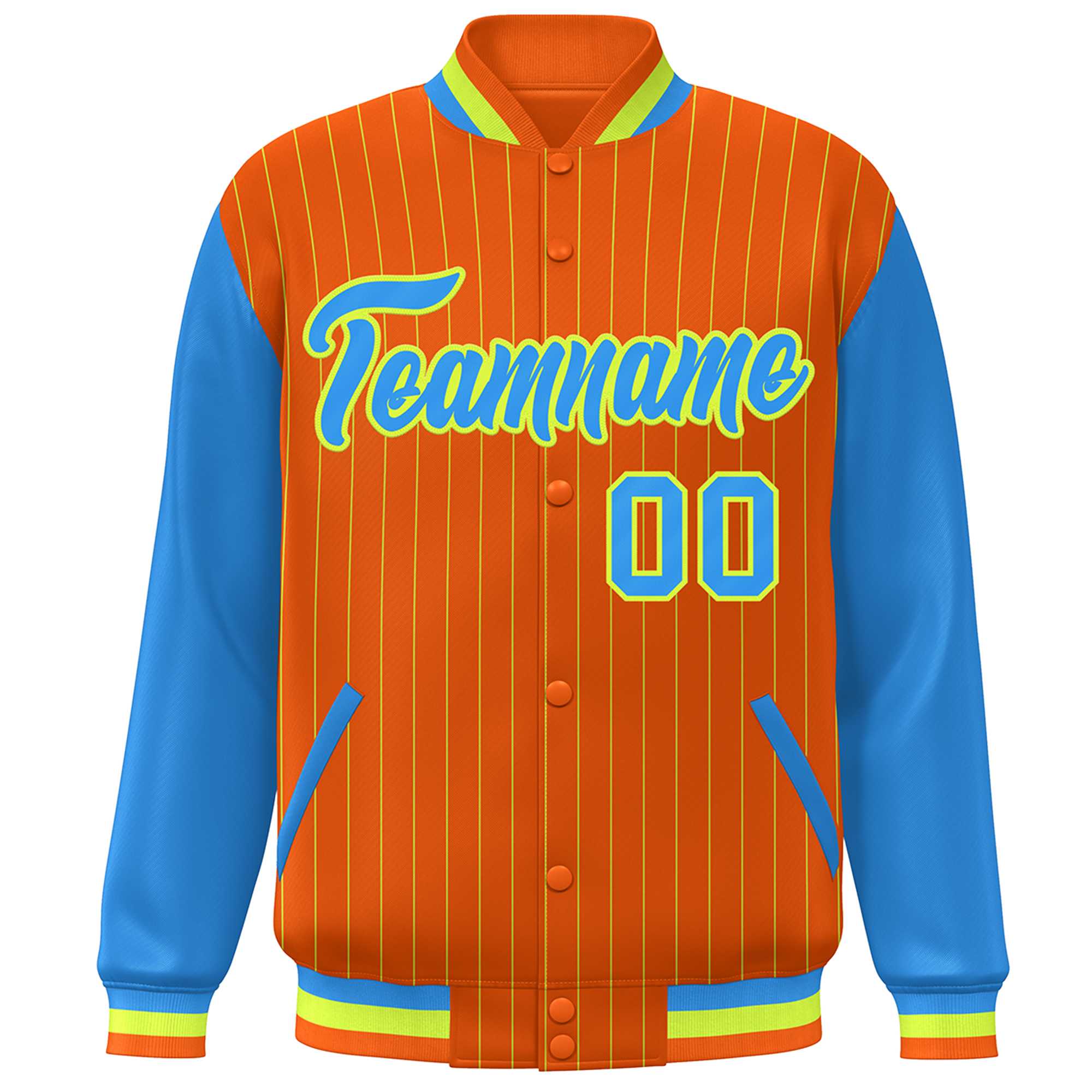 Custom Orange Powder Blue-Neon Green Stripe Fashion Bomber Varsity Jacket with Raglan Sleeves