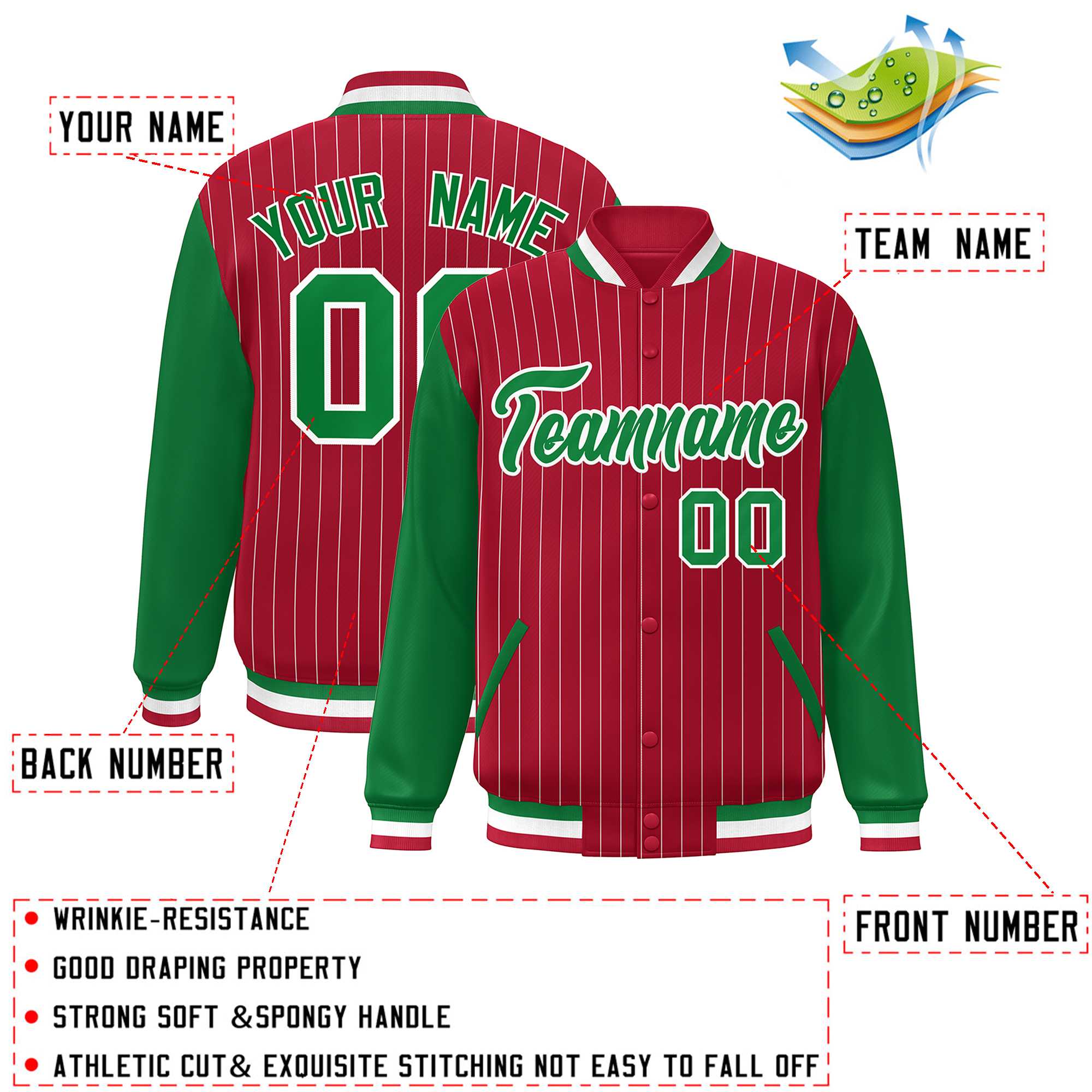 Custom Red Kelly Green-White Stripe Fashion Bomber Varsity Jacket with Raglan Sleeves