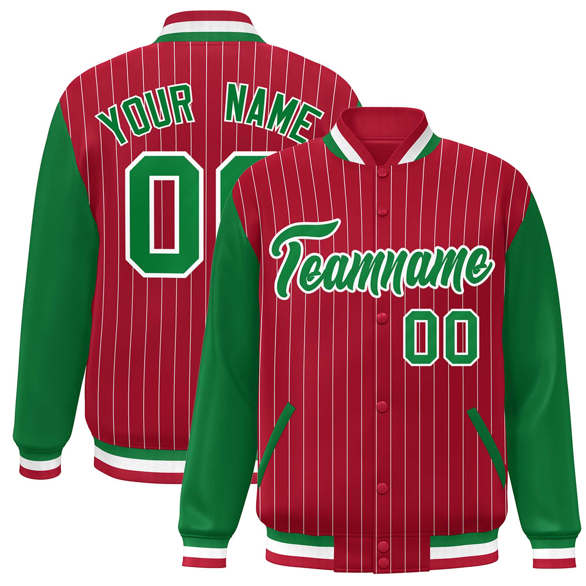 Custom Red Kelly Green-White Stripe Fashion Bomber Varsity Jacket with Raglan Sleeves