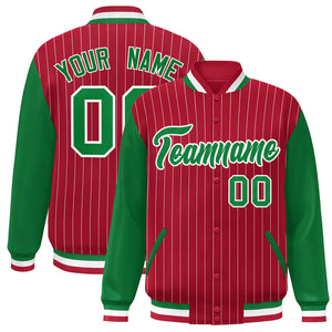 Custom Red Kelly Green-White Stripe Fashion Bomber Varsity Jacket with Raglan Sleeves