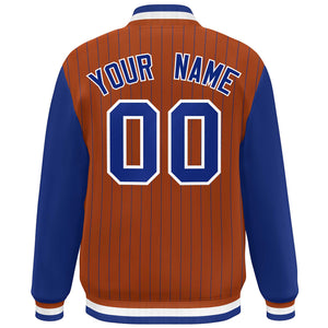 Custom Orange Royal-White Stripe Fashion Bomber Varsity Jacket with Raglan Sleeves