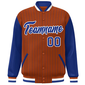 Custom Orange Royal-White Stripe Fashion Bomber Varsity Jacket with Raglan Sleeves