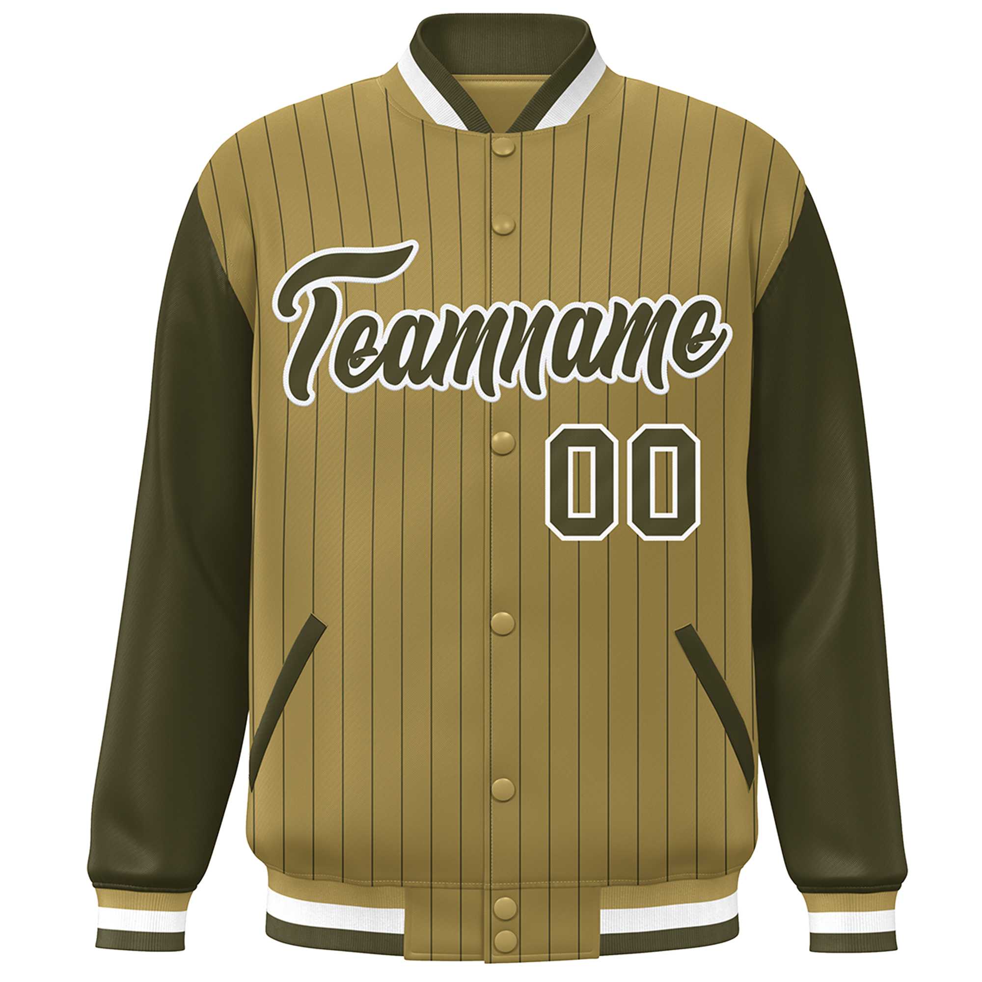 Custom Desert Yellow Olive-White Stripe Fashion Bomber Varsity Jacket with Raglan Sleeves