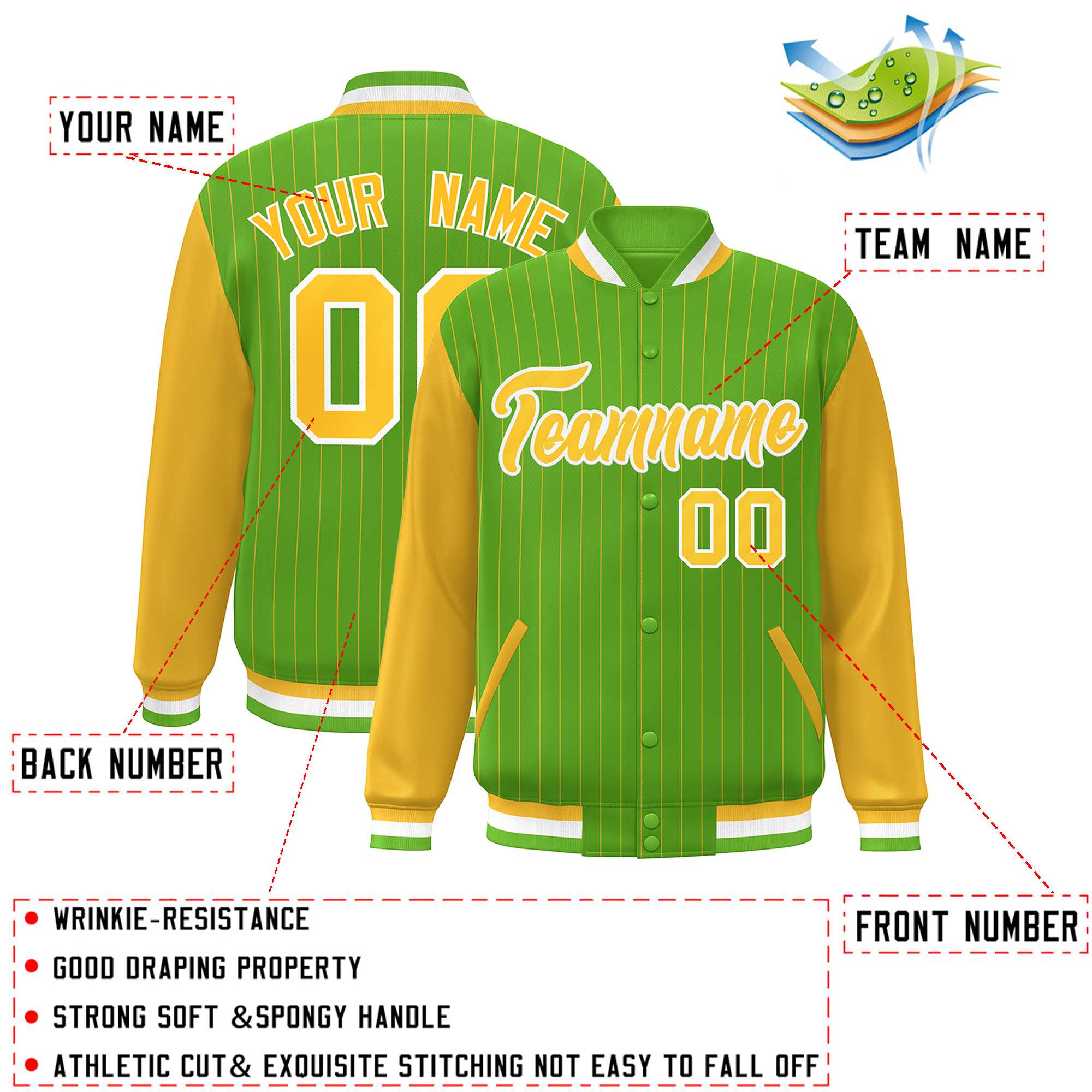 Custom Green Gold-White Stripe Fashion Bomber Varsity Jacket with Raglan Sleeves