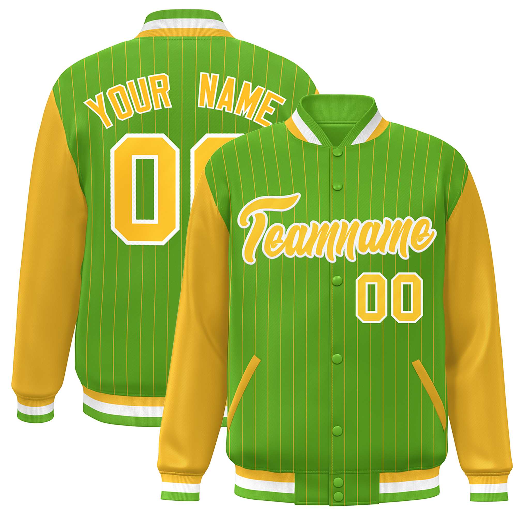 Custom Green Gold-White Stripe Fashion Bomber Varsity Jacket with Raglan Sleeves