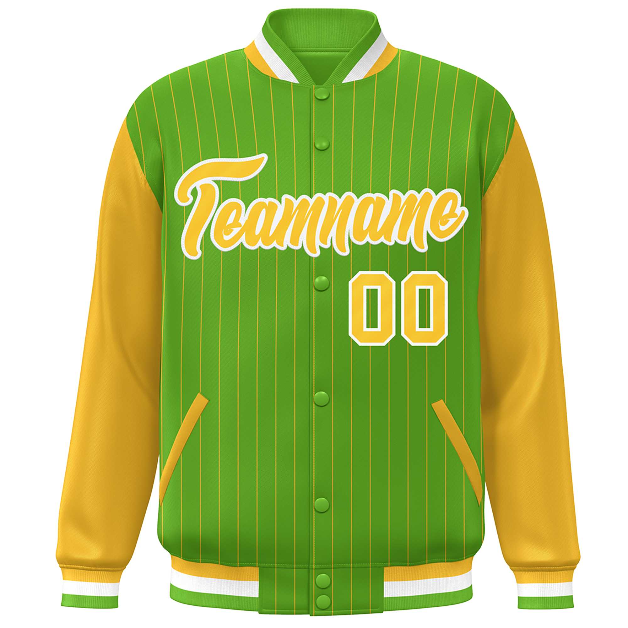 Custom Green Gold-White Stripe Fashion Bomber Varsity Jacket with Raglan Sleeves