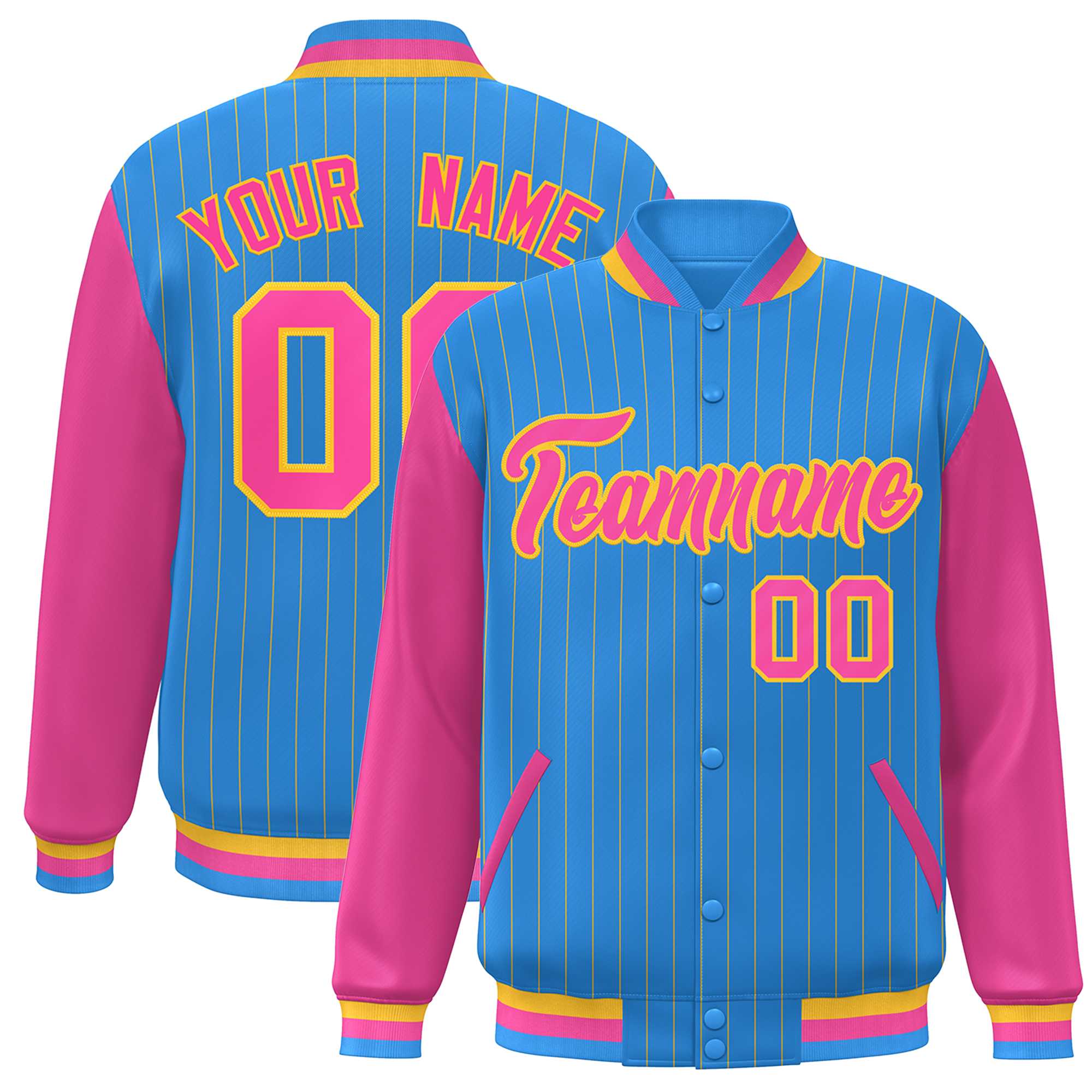 Custom Powder Blue Pink-Yellow Stripe Fashion Bomber Varsity Jacket with Raglan Sleeves