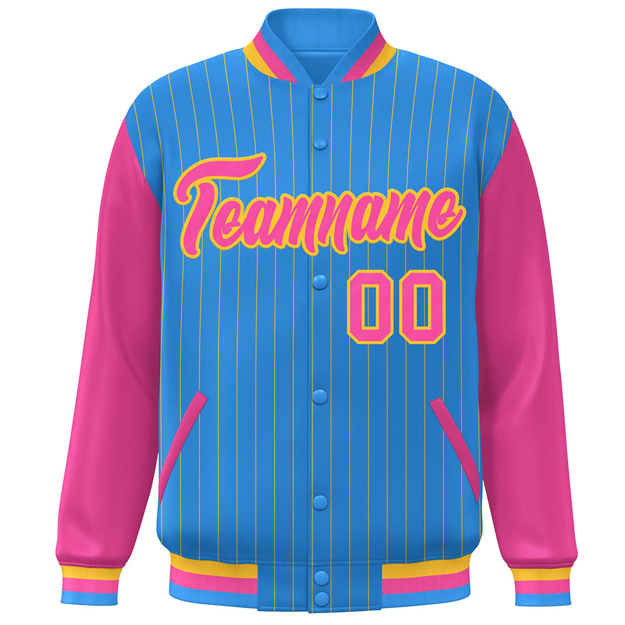 Custom Powder Blue Pink-Yellow Stripe Fashion Bomber Varsity Jacket with Raglan Sleeves