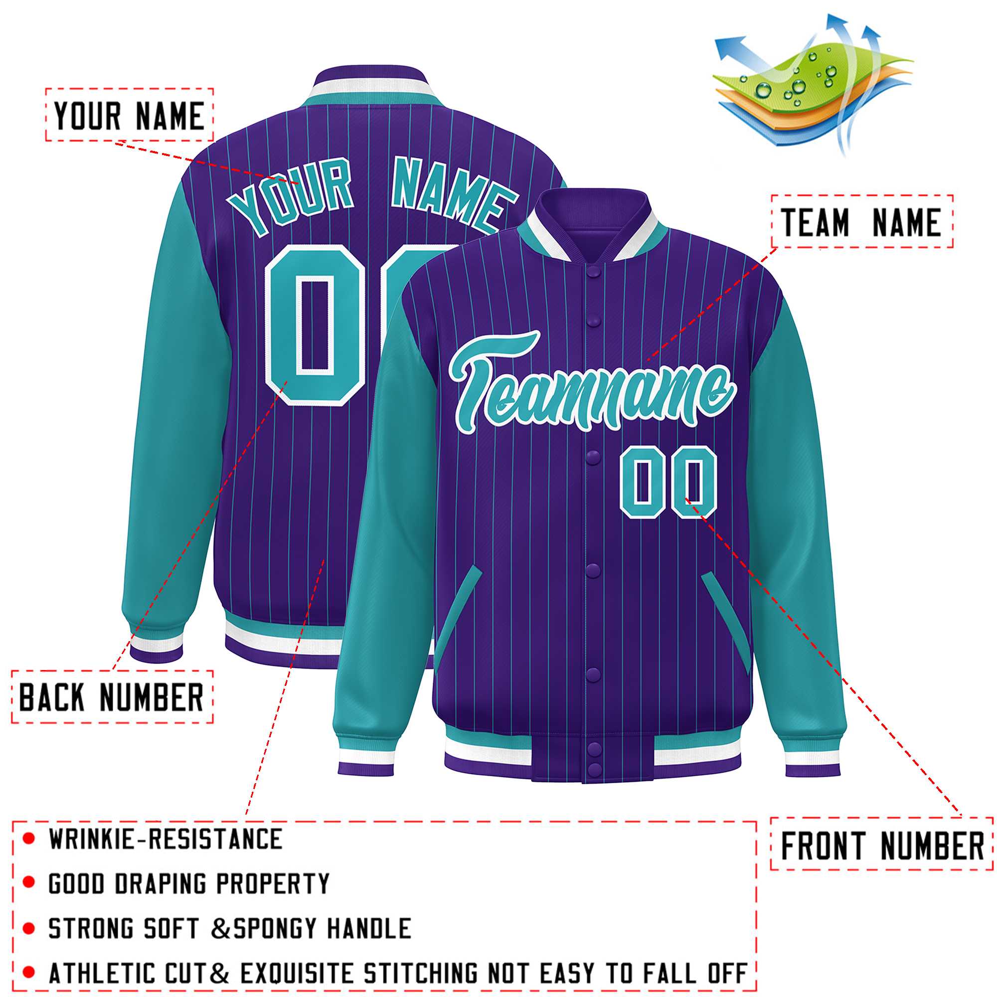 Custom Purple Aqua-White Stripe Fashion Bomber Varsity Jacket with Raglan Sleeves