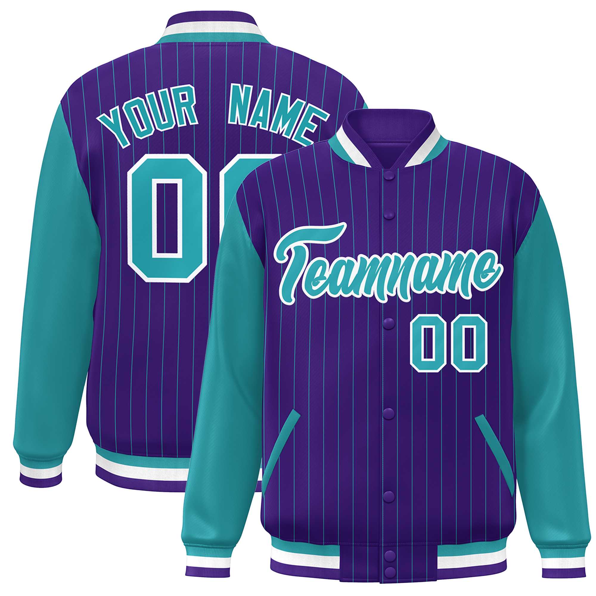 Custom Purple Aqua-White Stripe Fashion Bomber Varsity Jacket with Raglan Sleeves