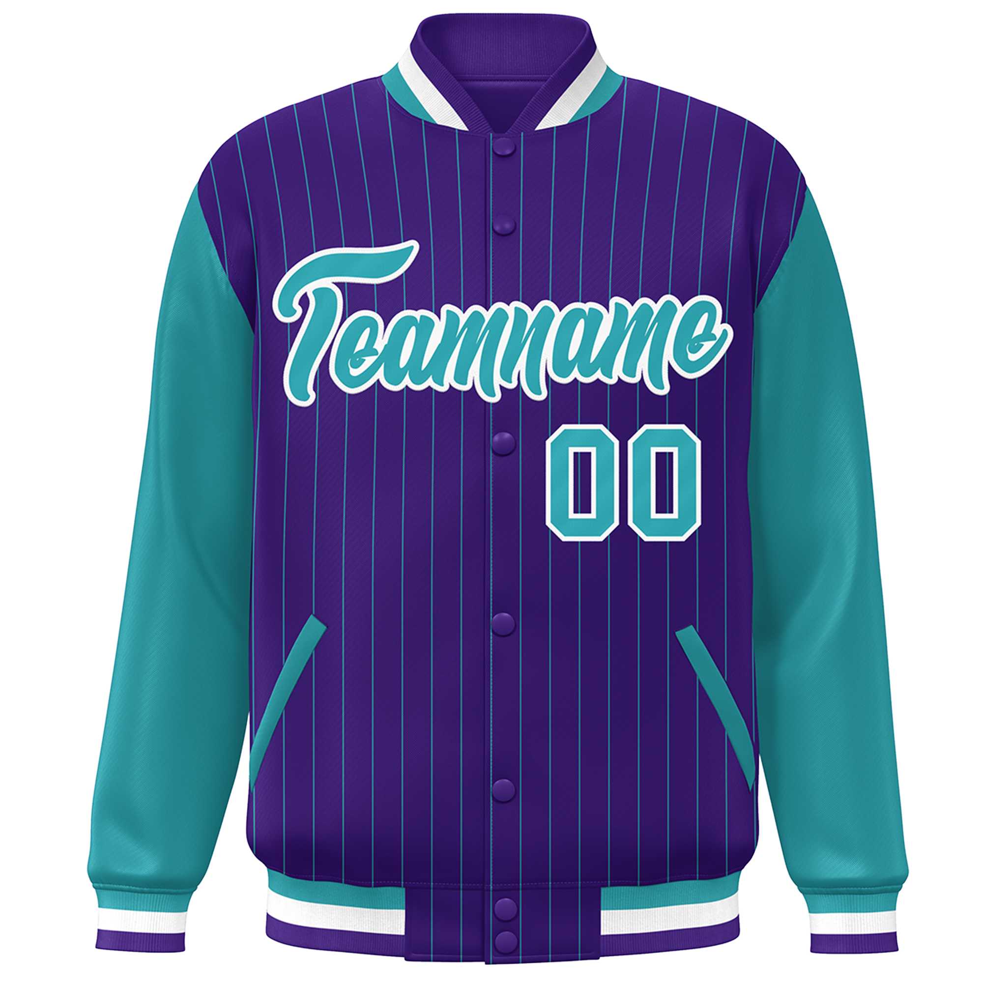 Custom Purple Aqua-White Stripe Fashion Bomber Varsity Jacket with Raglan Sleeves