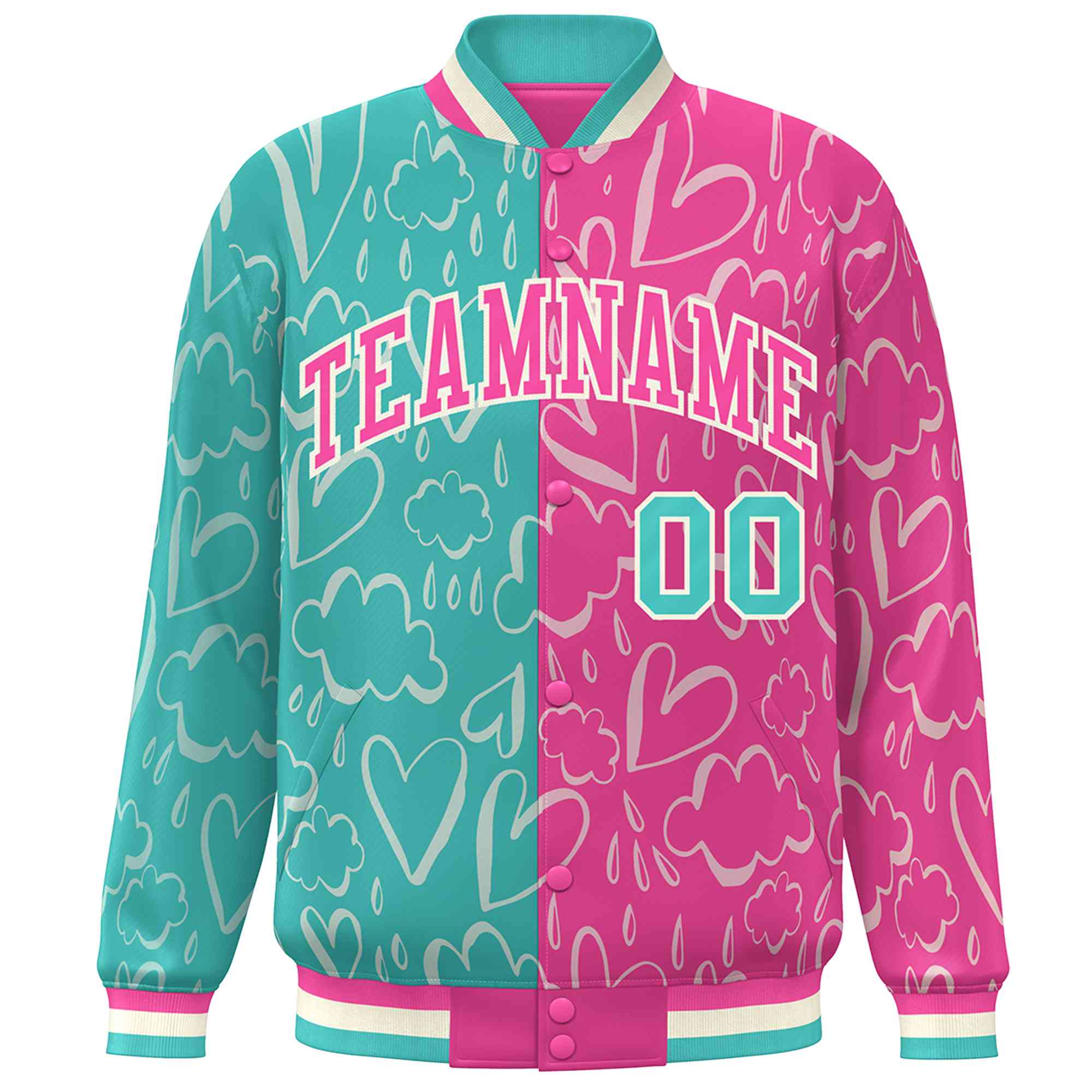 Custom Pink Aqua Split Fashion Letterman Bomber Graffiti Pattern Baseball Jacket