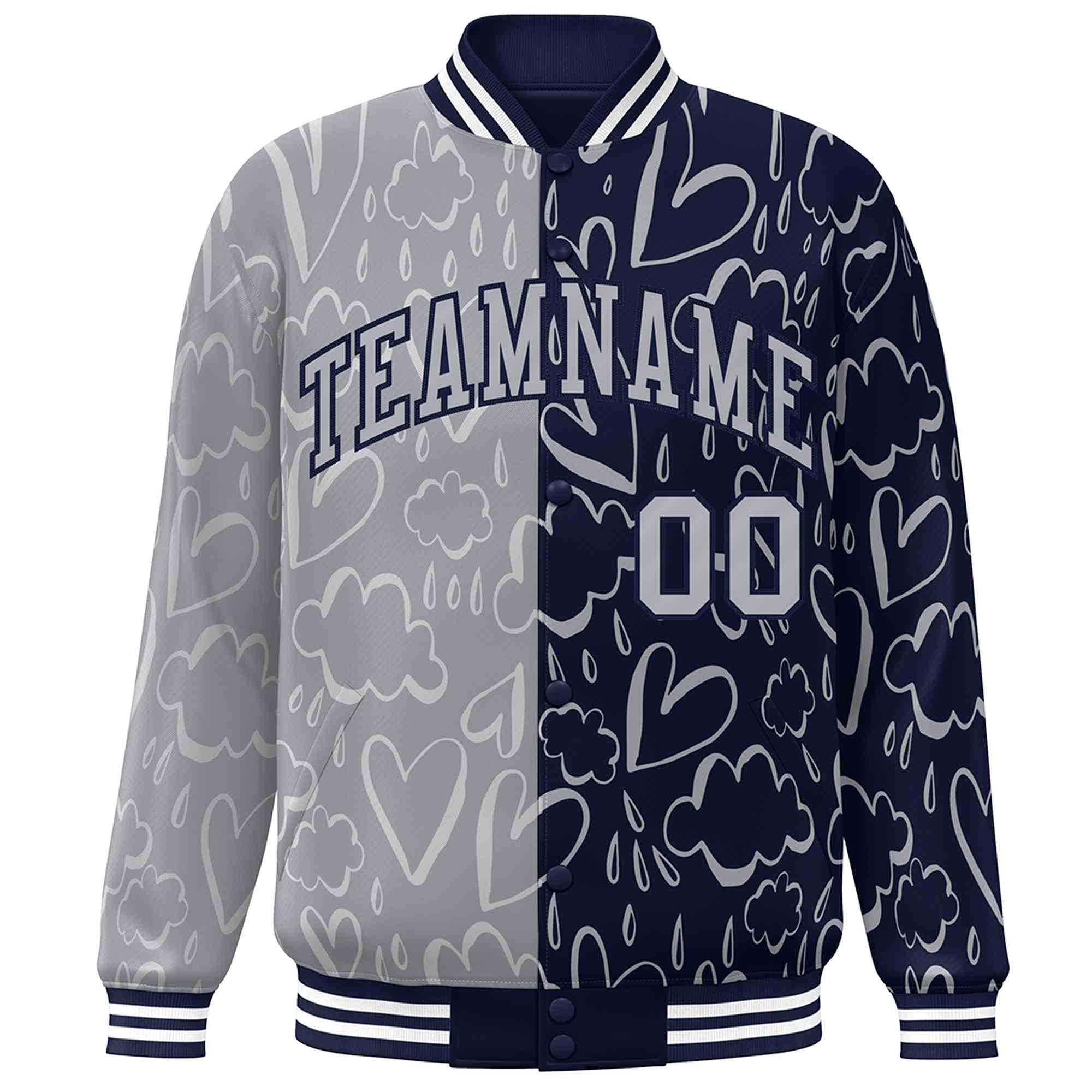 Custom Navy Gray Split Fashion Letterman Bomber Graffiti Pattern Baseball Jacket