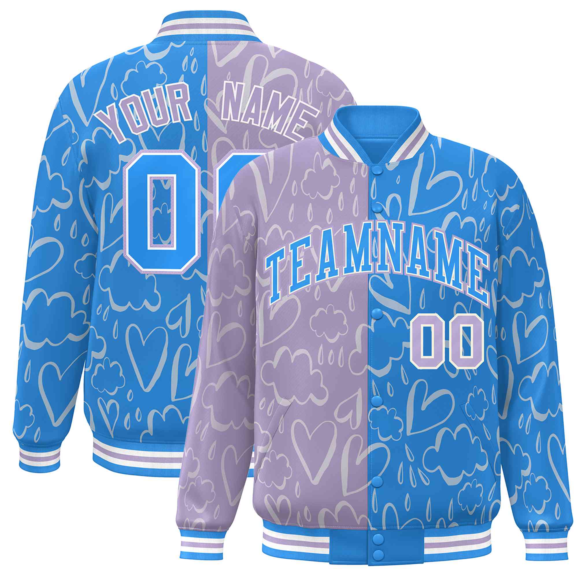 Custom Powder Blue Lt Purple Split Fashion Letterman Bomber Graffiti Pattern Baseball Jacket