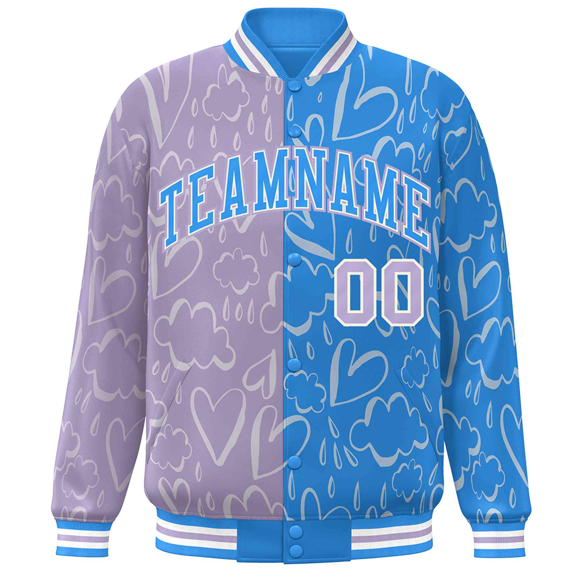 Custom Powder Blue Lt Purple Split Fashion Letterman Bomber Graffiti Pattern Baseball Jacket