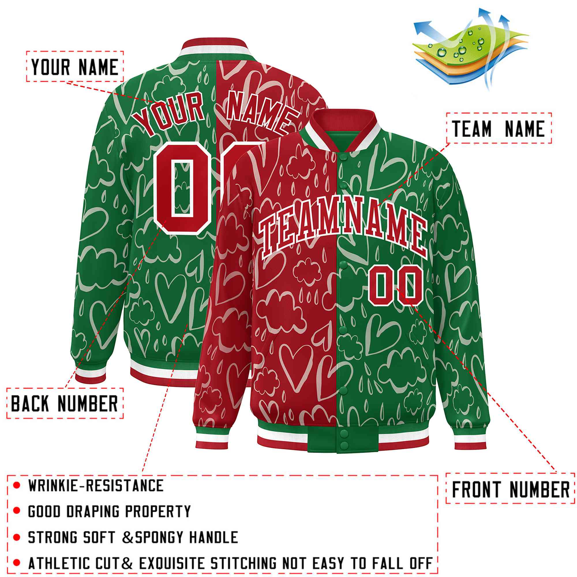 Custom Kelly Green Red Split Fashion Letterman Bomber Graffiti Pattern Baseball Jacket