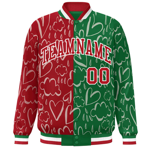Custom Kelly Green Red Split Fashion Letterman Bomber Graffiti Pattern Baseball Jacket