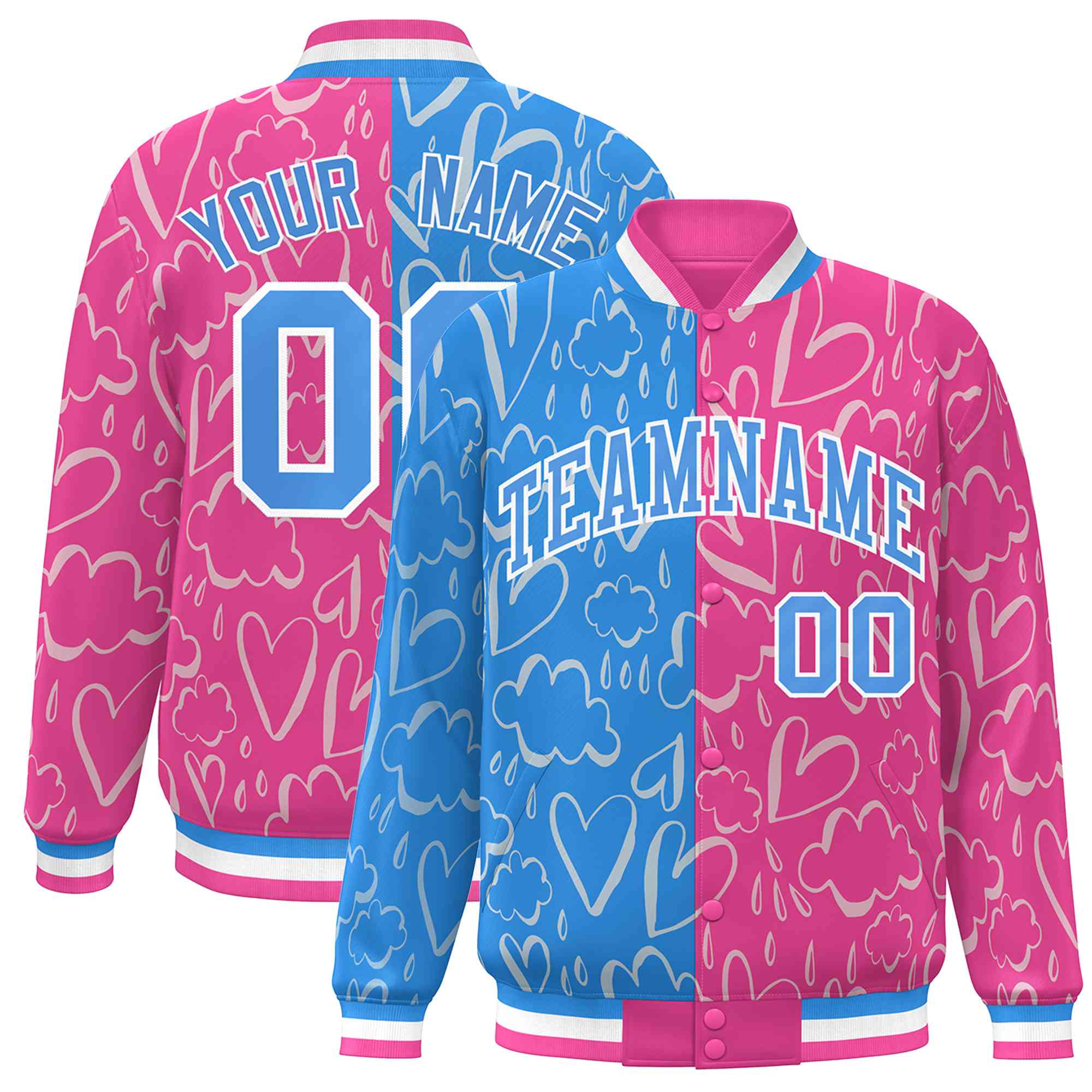 Custom Pink Powder Blue Split Fashion Letterman Bomber Graffiti Pattern Baseball Jacket