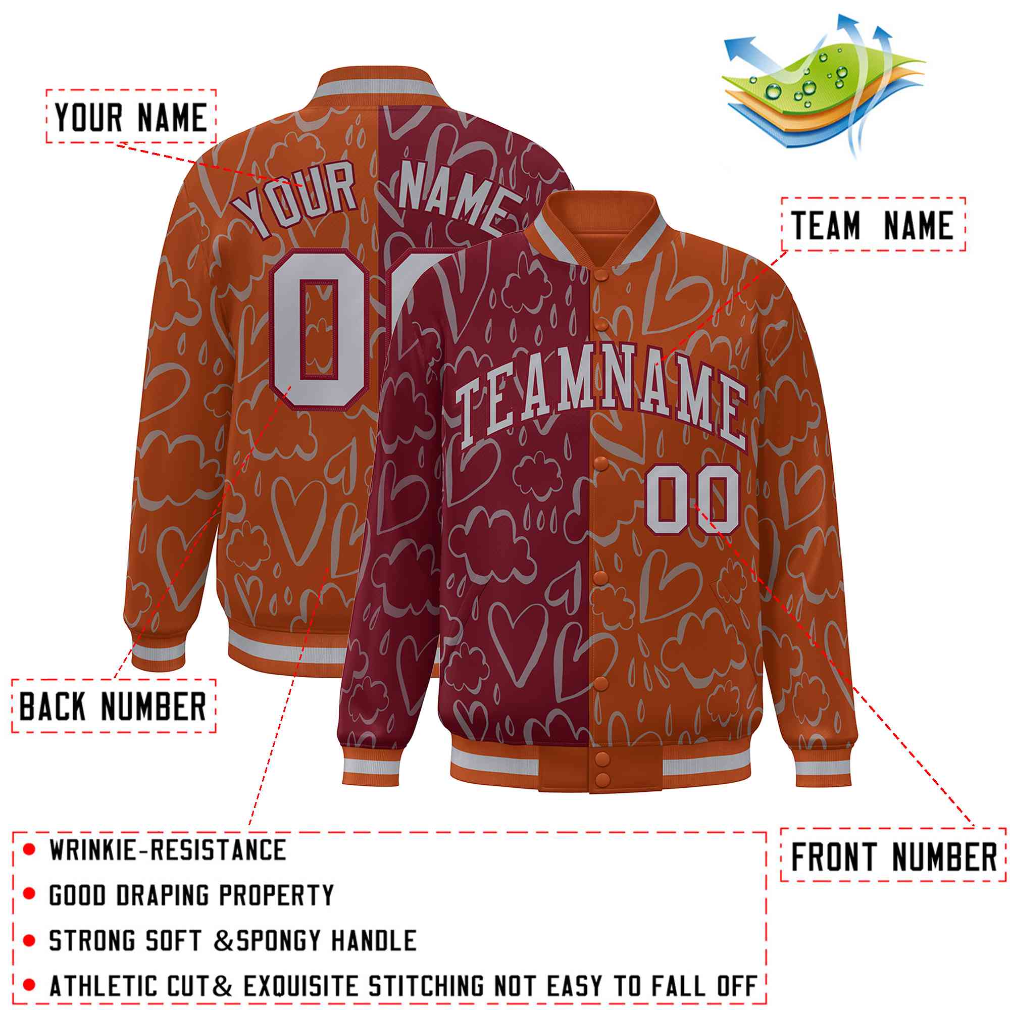 Custom Texas Orange Crimson-Gray Split Fashion Letterman Bomber Graffiti Pattern Baseball Jacket