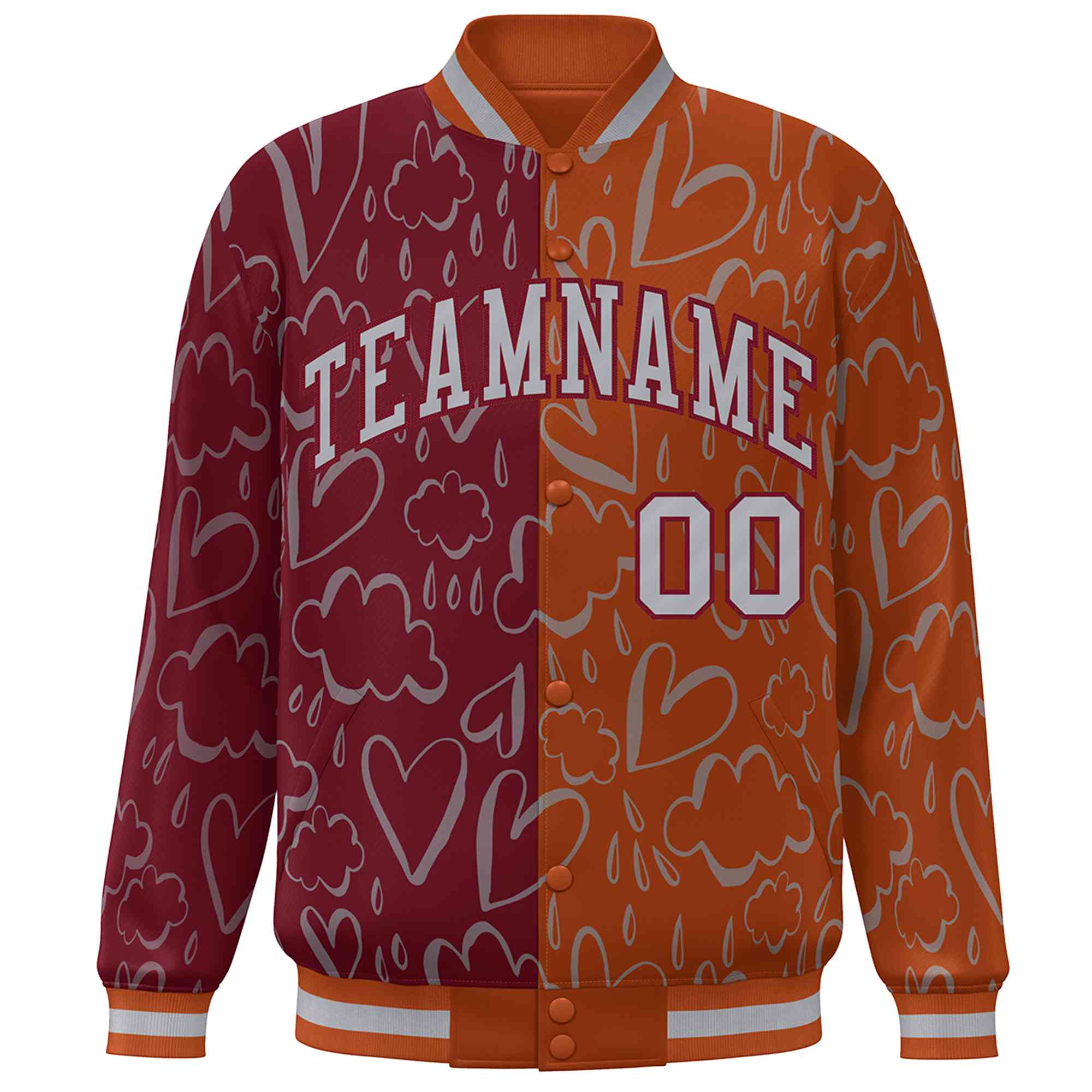 Custom Texas Orange Crimson-Gray Split Fashion Letterman Bomber Graffiti Pattern Baseball Jacket