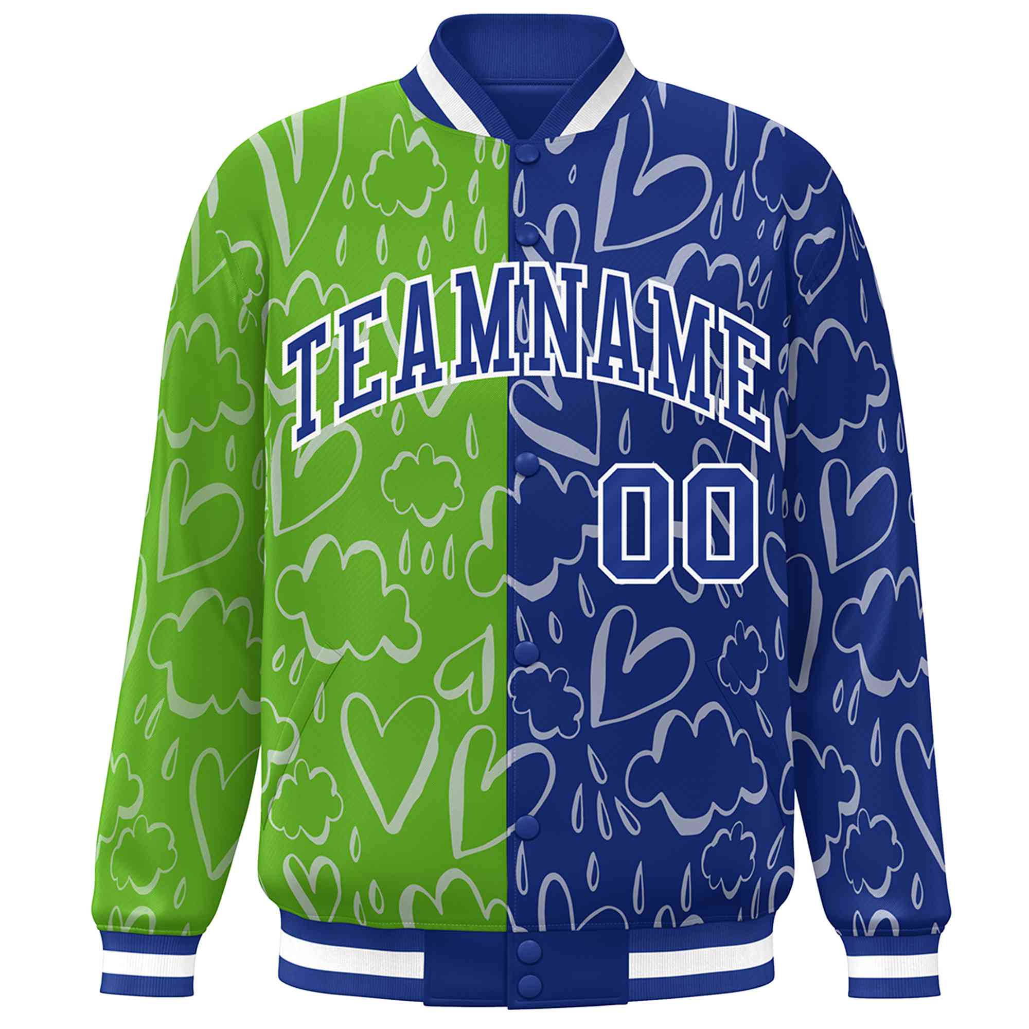 Custom Green Royal-White Split Fashion Letterman Bomber Graffiti Pattern Baseball Jacket