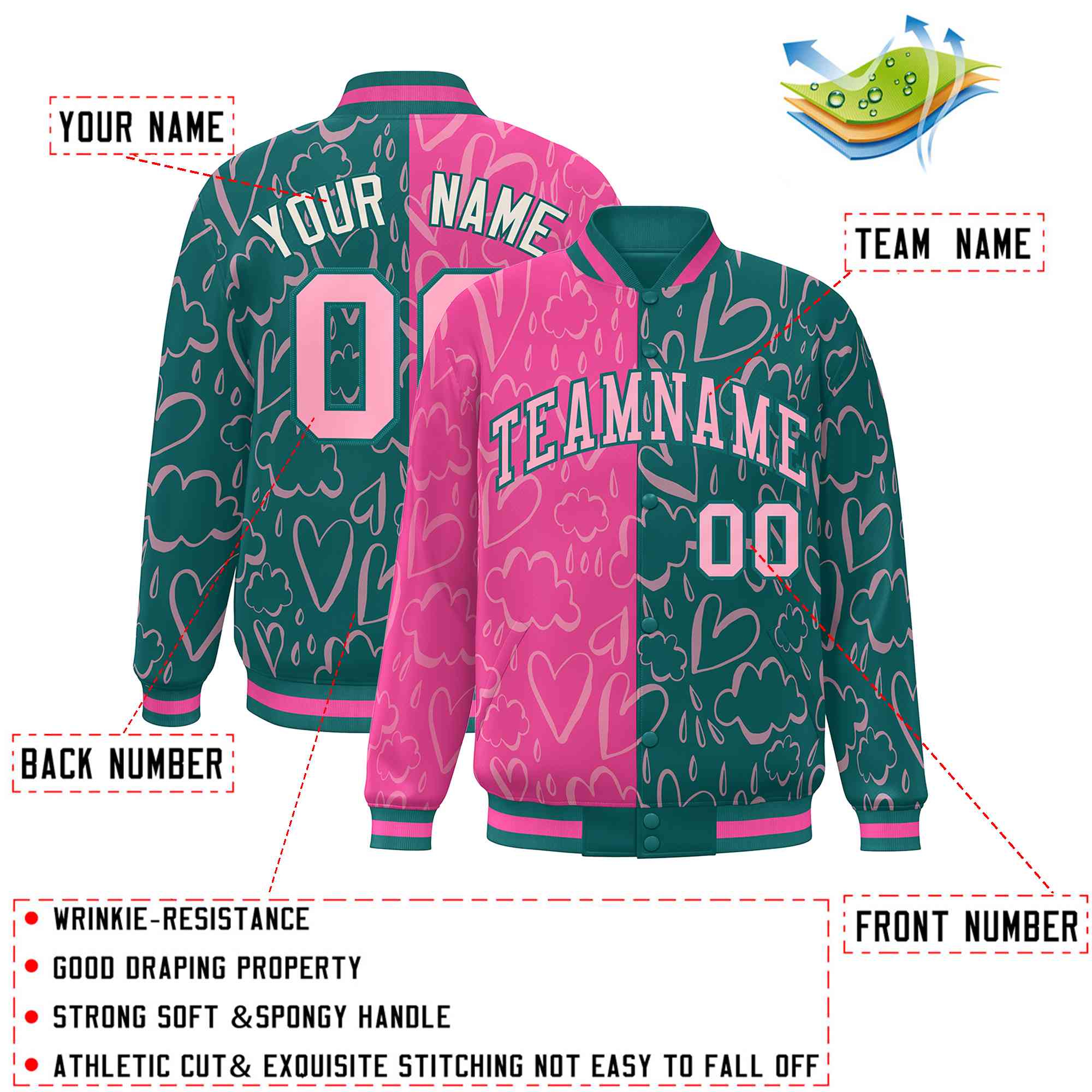 Custom Aqua Pink Split Fashion Letterman Bomber Graffiti Pattern Baseball Jacket