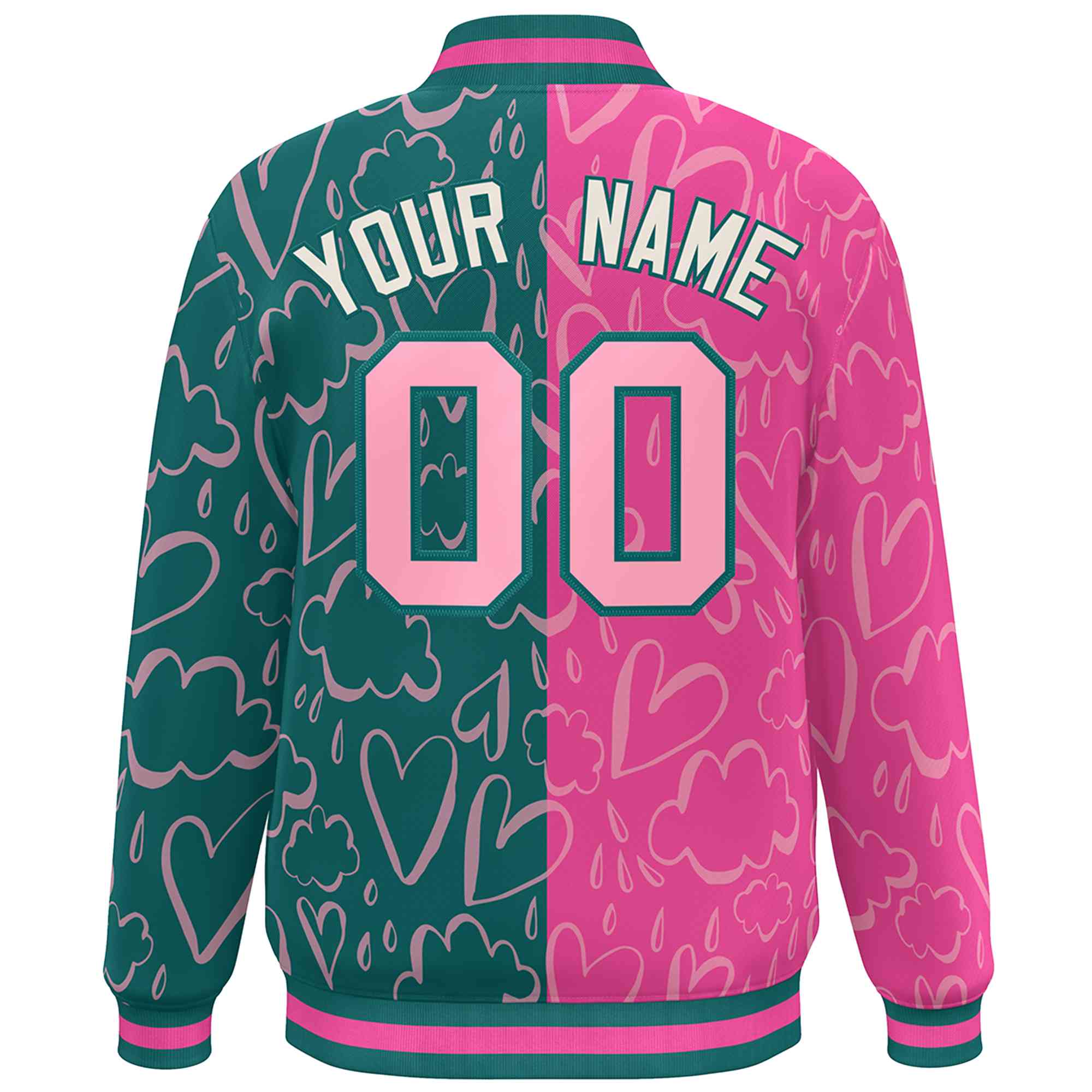 Custom Aqua Pink Split Fashion Letterman Bomber Graffiti Pattern Baseball Jacket