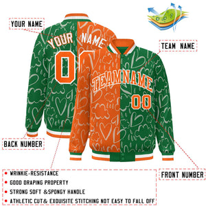 Custom Kelly Green Orange Split Fashion Letterman Bomber Graffiti Pattern Baseball Jacket