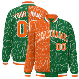 Custom Kelly Green Orange Split Fashion Letterman Bomber Graffiti Pattern Baseball Jacket