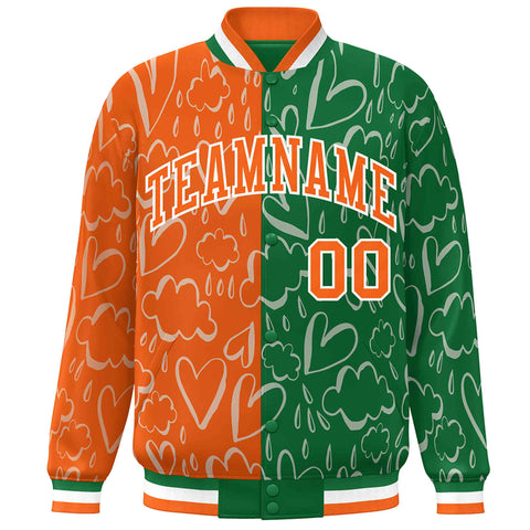 Custom Kelly Green Orange Split Fashion Letterman Bomber Graffiti Pattern Baseball Jacket
