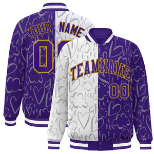 Custom Purple White Split Fashion Letterman Bomber Graffiti Pattern Baseball Jacket