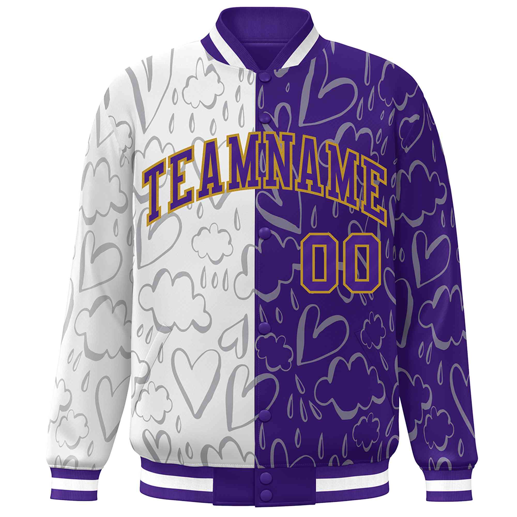 Custom Purple White Split Fashion Letterman Bomber Graffiti Pattern Baseball Jacket