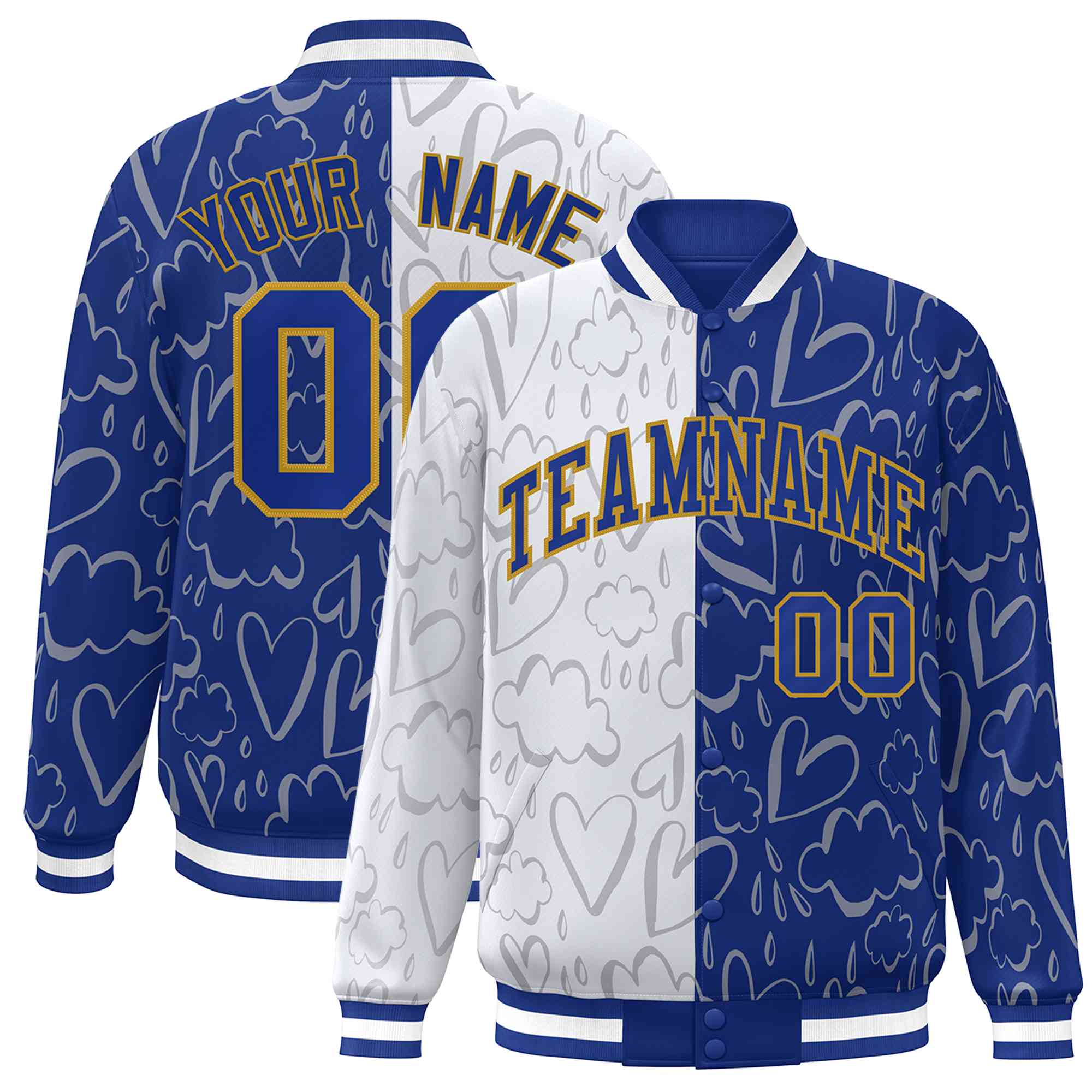 Custom Royal White Split Fashion Letterman Bomber Graffiti Pattern Baseball Jacket