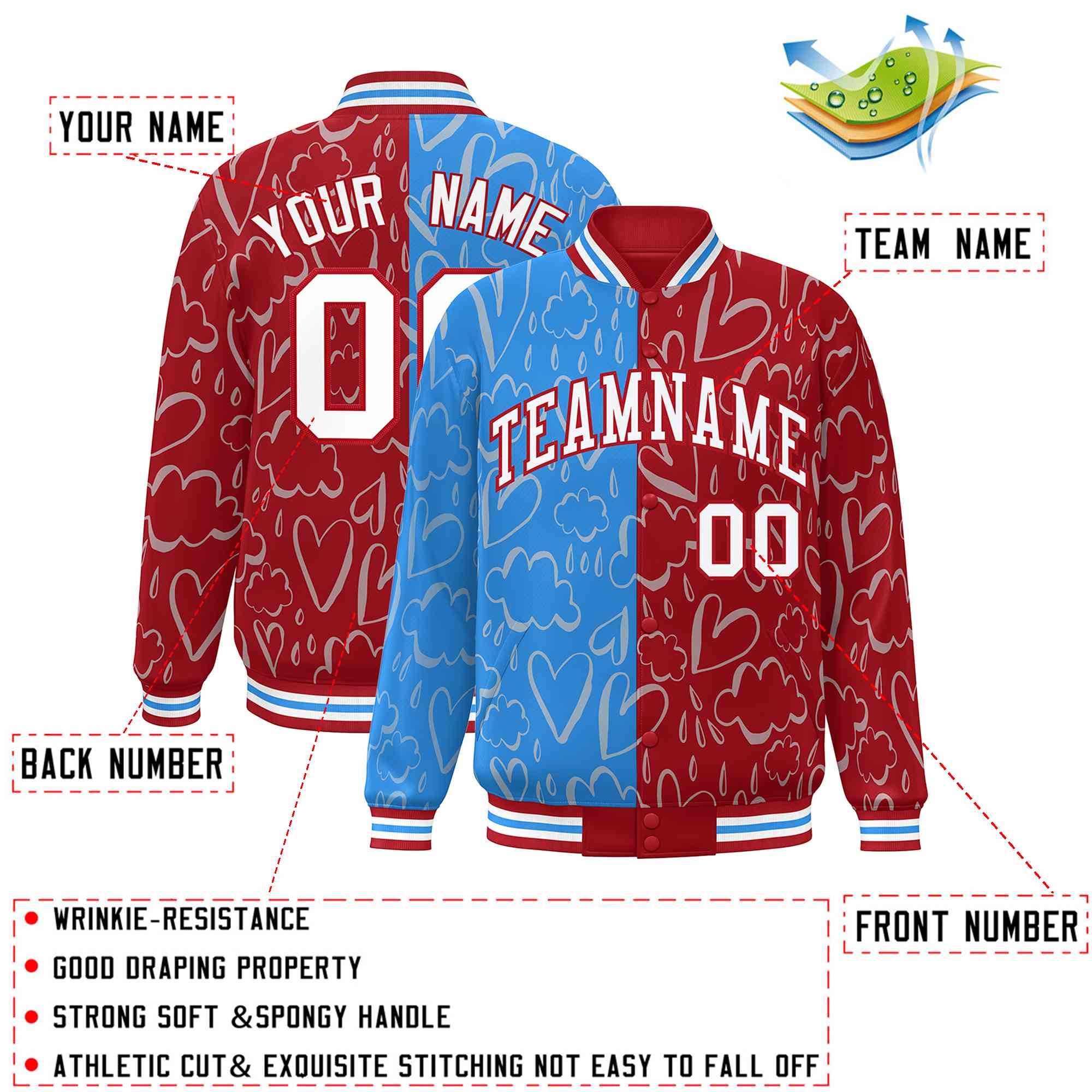 Custom Red Powder Blue-White Split Fashion Letterman Bomber Graffiti Pattern Baseball Jacket