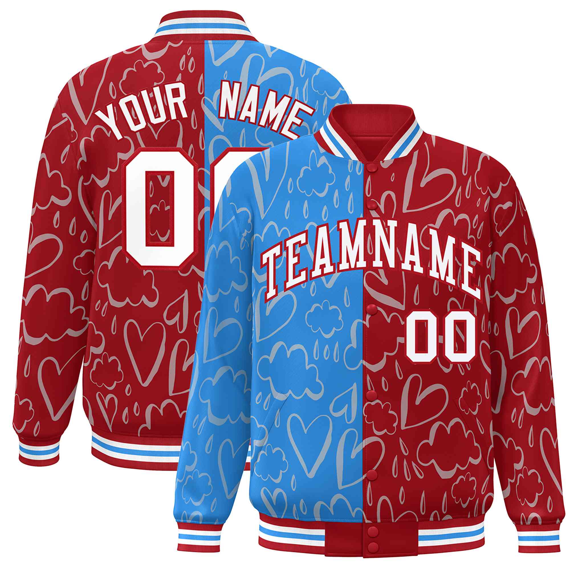 Custom Red Powder Blue-White Split Fashion Letterman Bomber Graffiti Pattern Baseball Jacket