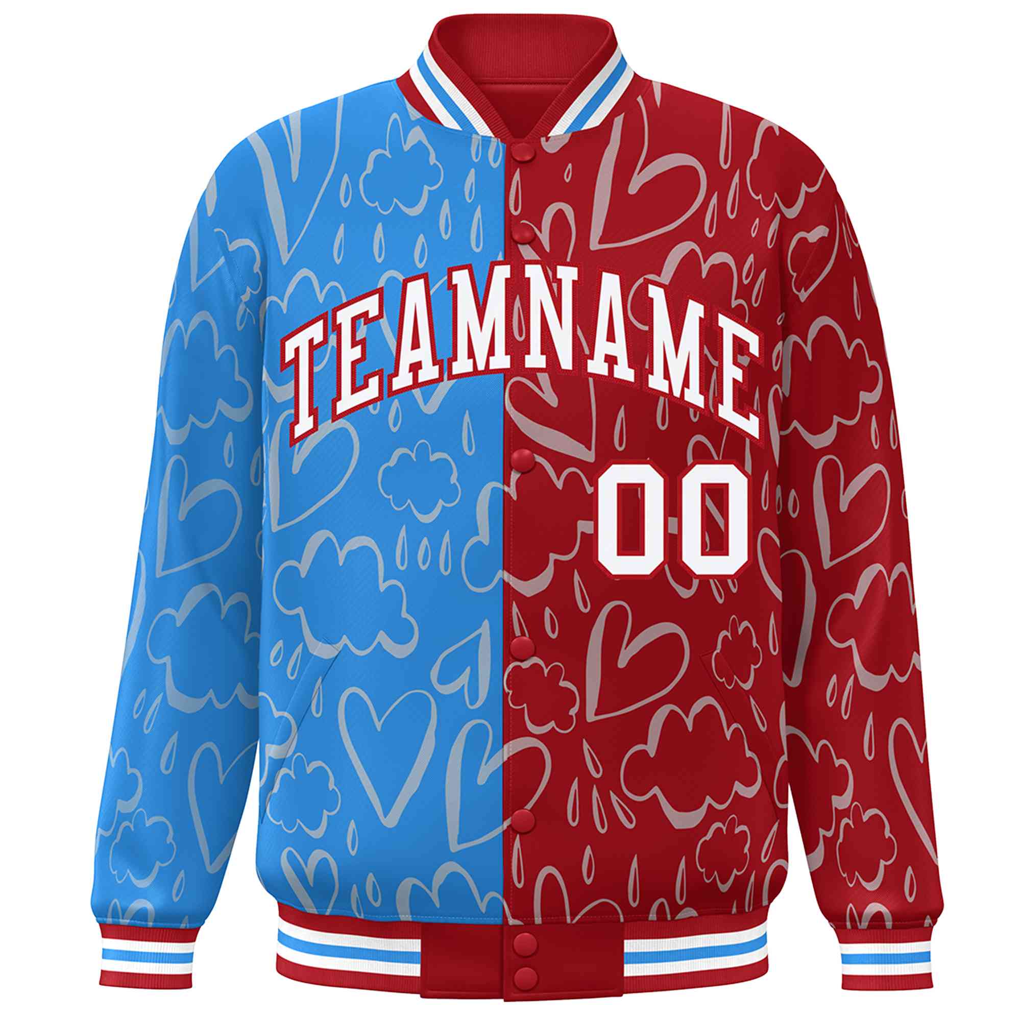 Custom Red Powder Blue-White Split Fashion Letterman Bomber Graffiti Pattern Baseball Jacket