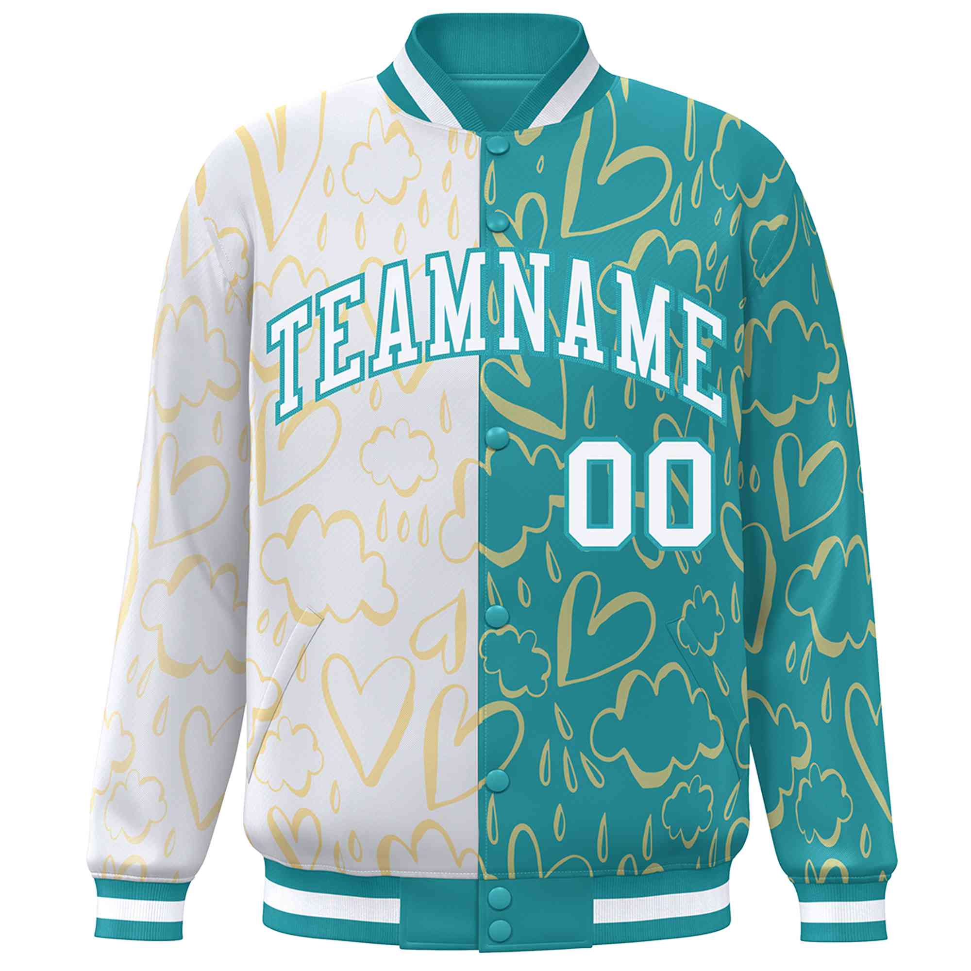 Custom Aqua White Split Fashion Letterman Bomber Graffiti Pattern Baseball Jacket