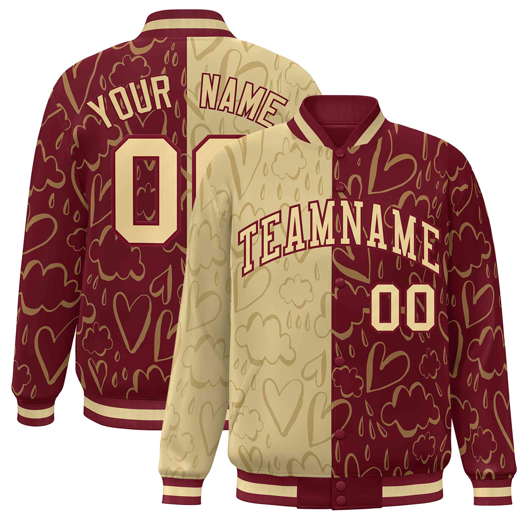 Custom Crimson Khaki Split Fashion Letterman Bomber Graffiti Pattern Baseball Jacket