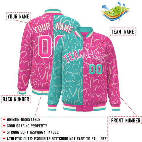 Custom Pink Aqua Split Fashion Letterman Bomber Graffiti Pattern Baseball Jacket