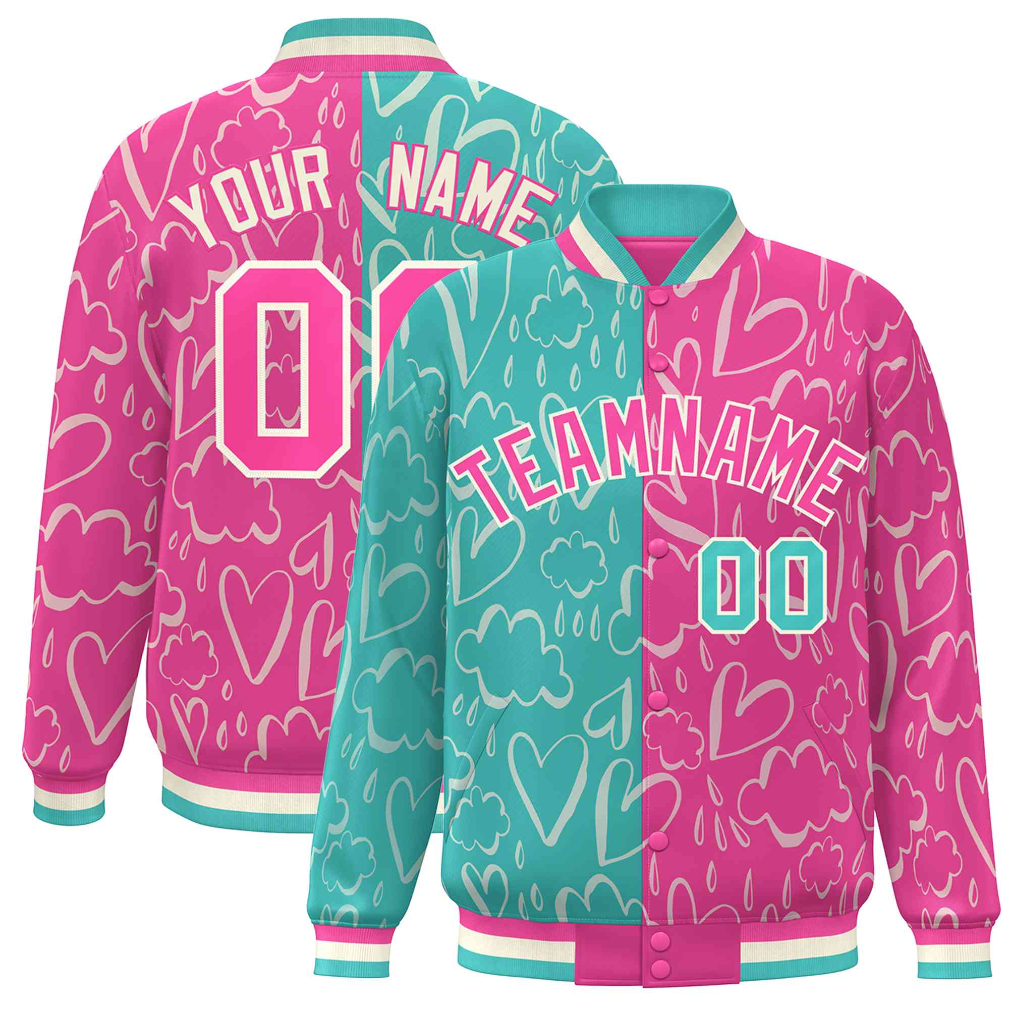 Custom Pink Aqua Split Fashion Letterman Bomber Graffiti Pattern Baseball Jacket