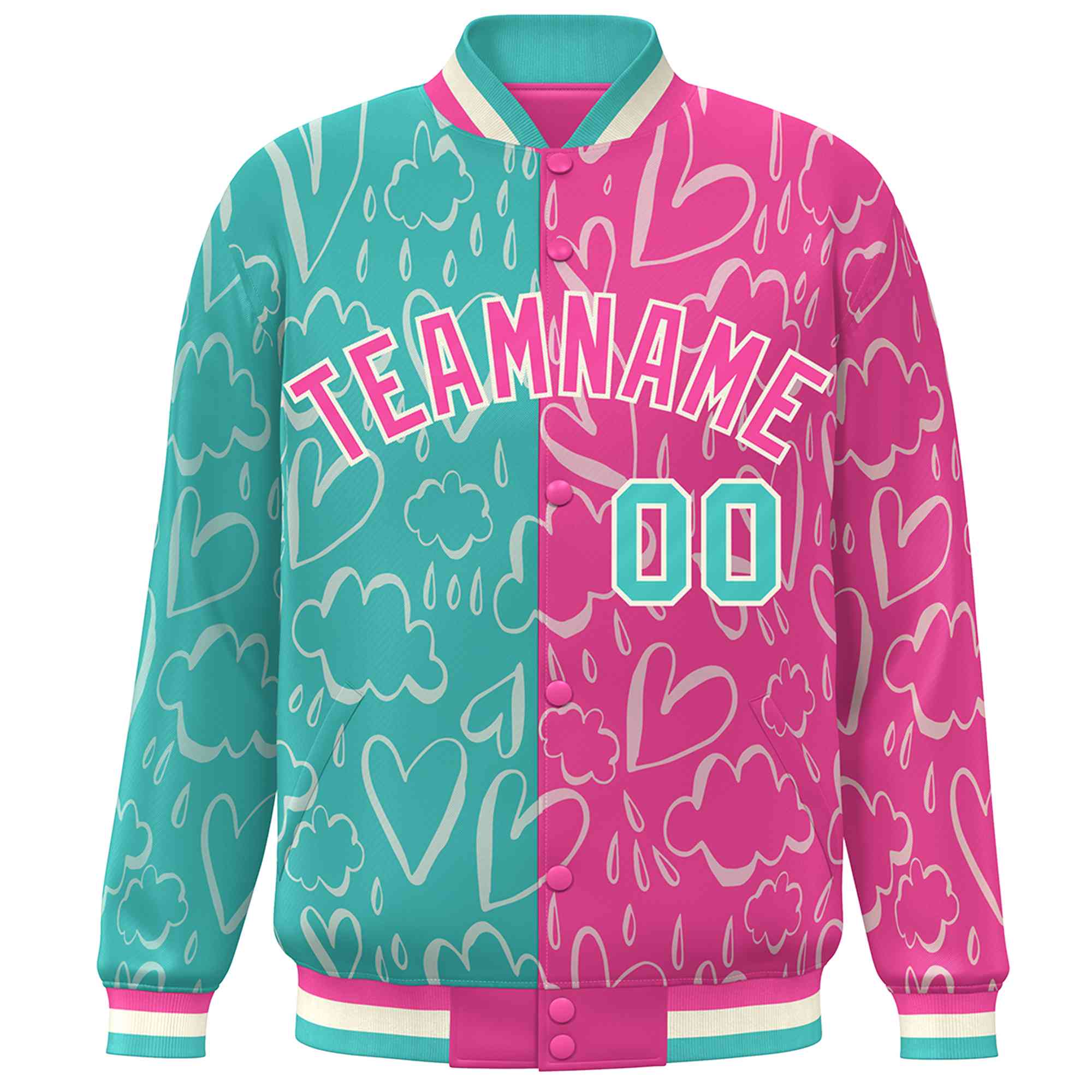 Custom Pink Aqua Split Fashion Letterman Bomber Graffiti Pattern Baseball Jacket