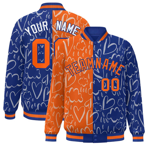 Custom Royal Orange Split Fashion Letterman Bomber Graffiti Pattern Baseball Jacket