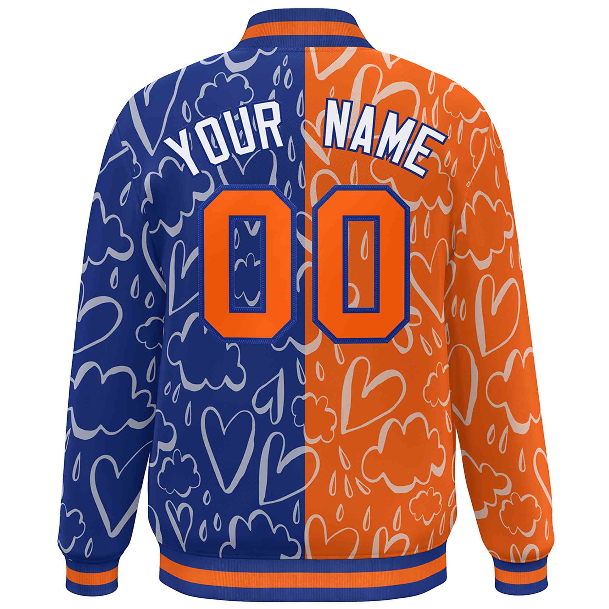 Custom Royal Orange Split Fashion Letterman Bomber Graffiti Pattern Baseball Jacket