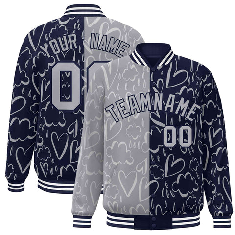 Custom Navy Gray Split Fashion Letterman Bomber Graffiti Pattern Baseball Jacket