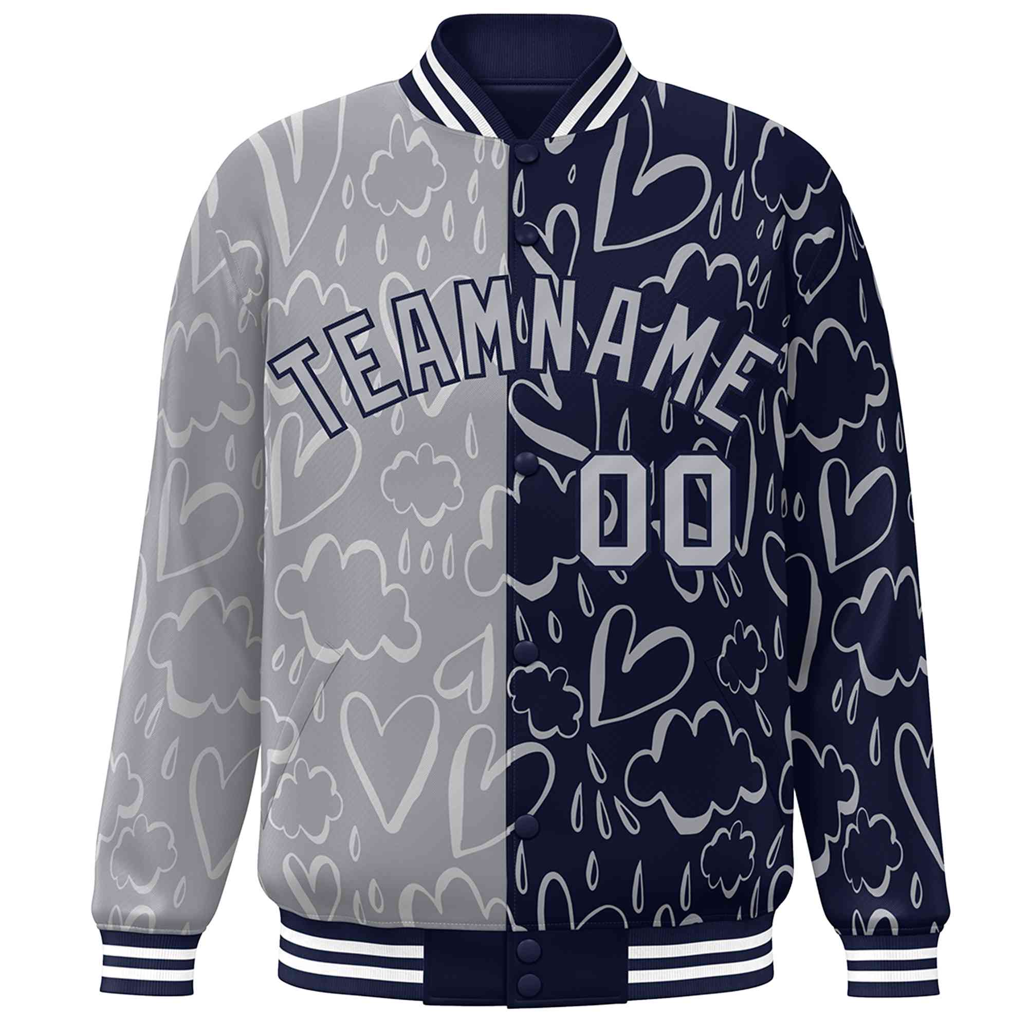 Custom Navy Gray Split Fashion Letterman Bomber Graffiti Pattern Baseball Jacket