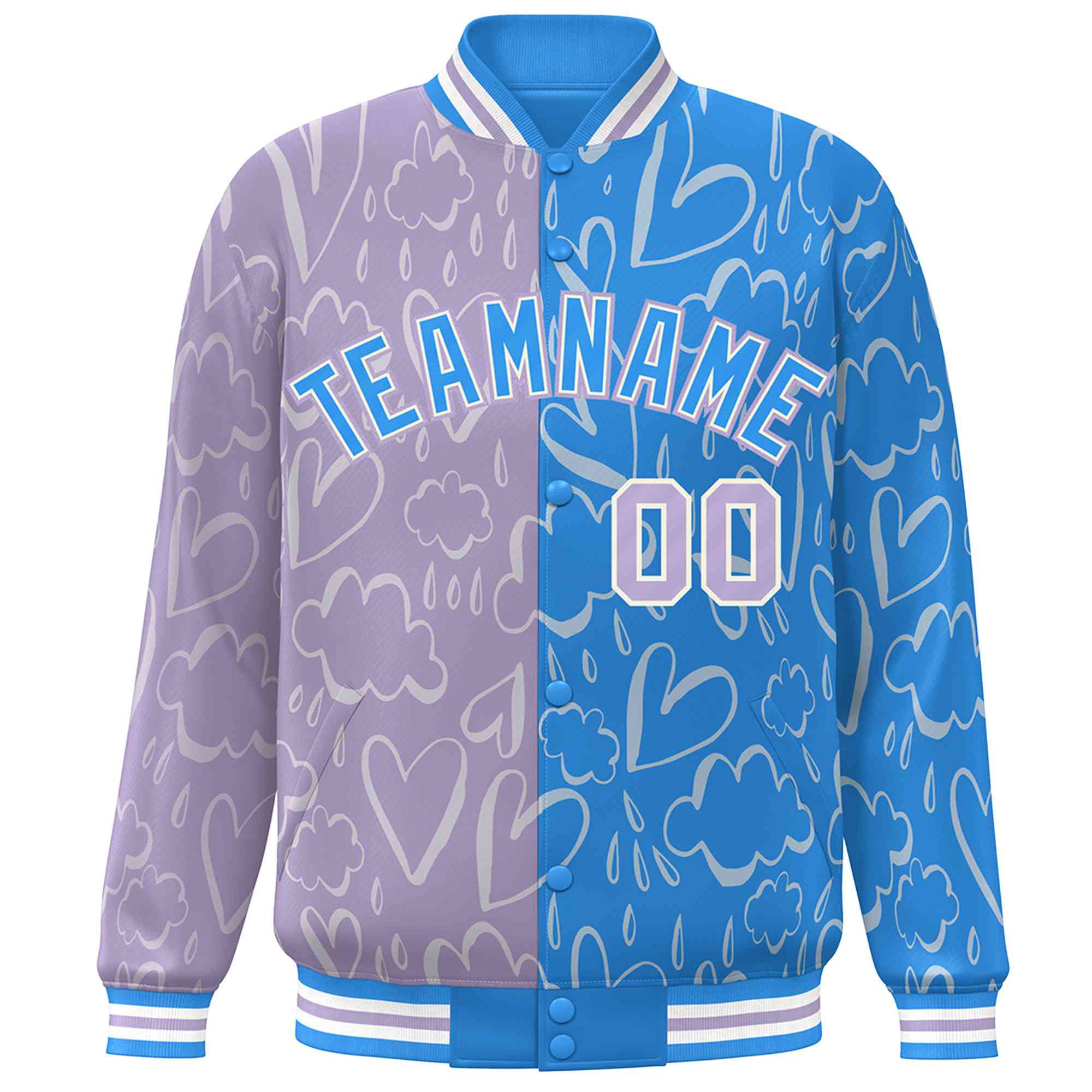 Custom Powder Blue Lt Purple Split Fashion Letterman Bomber Graffiti Pattern Baseball Jacket