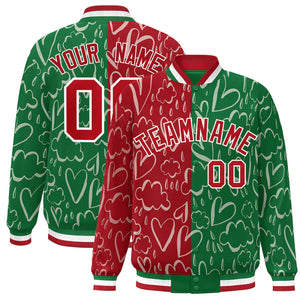 Custom Kelly Green Red Split Fashion Letterman Bomber Graffiti Pattern Baseball Jacket