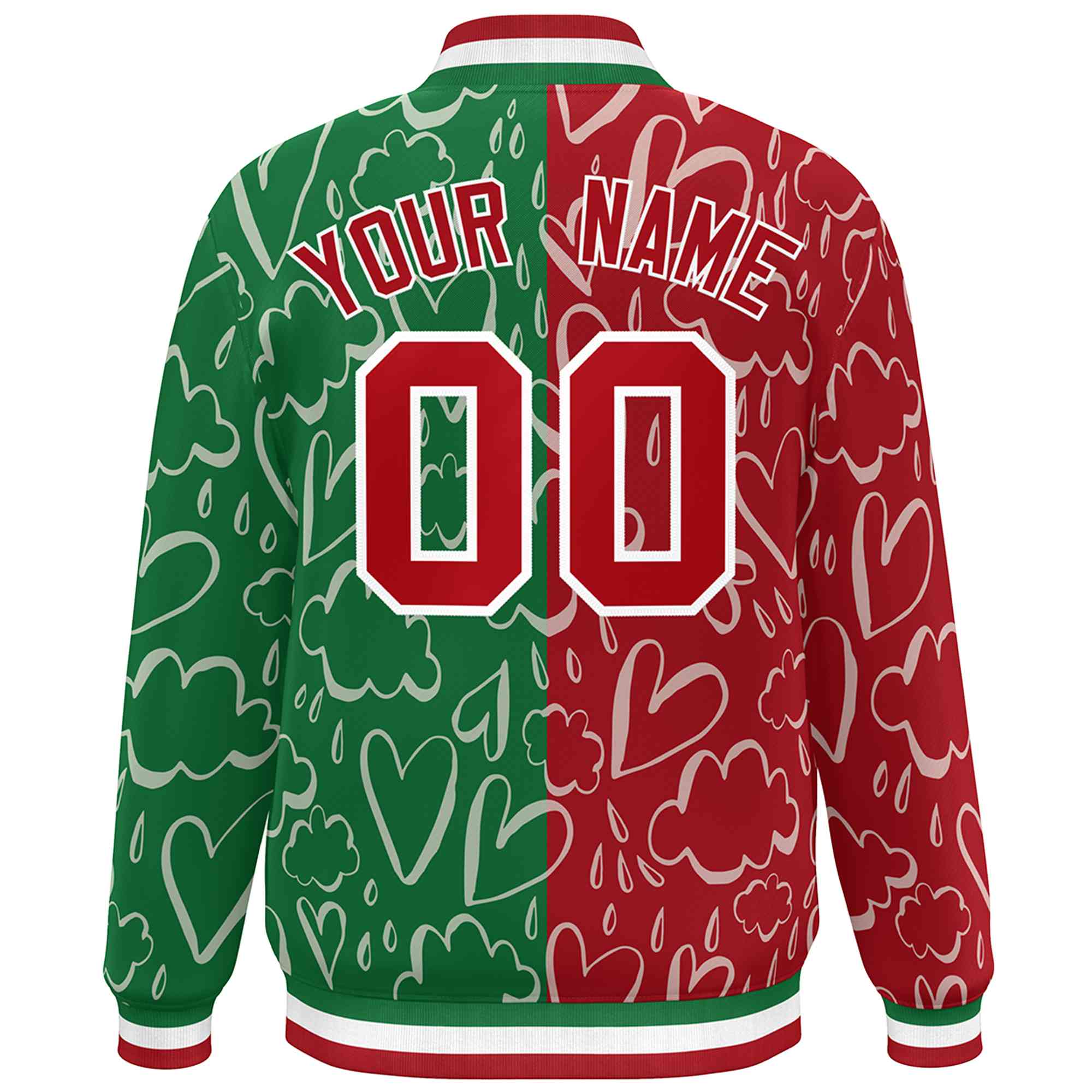 Custom Kelly Green Red Split Fashion Letterman Bomber Graffiti Pattern Baseball Jacket