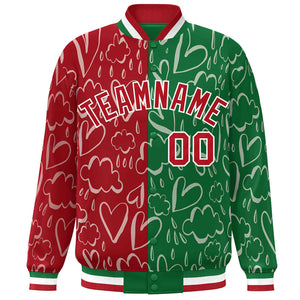 Custom Kelly Green Red Split Fashion Letterman Bomber Graffiti Pattern Baseball Jacket