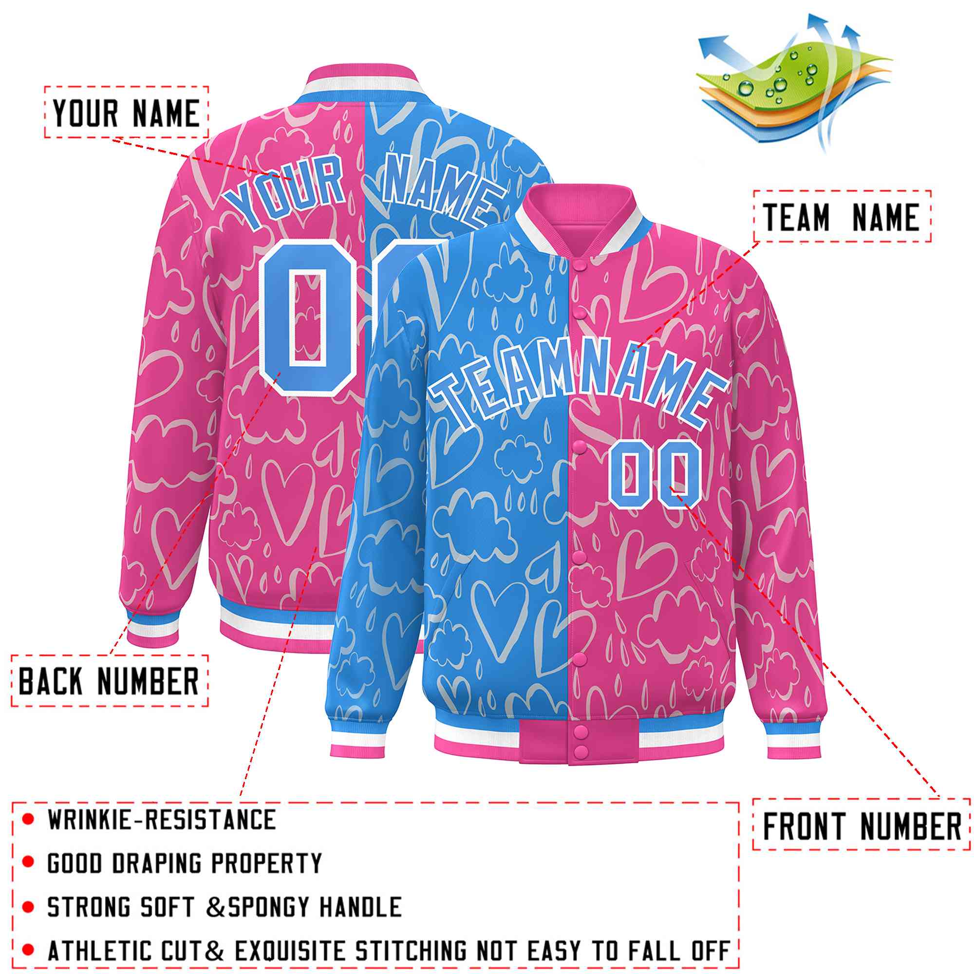 Custom Pink Powder Blue Split Fashion Letterman Bomber Graffiti Pattern Baseball Jacket